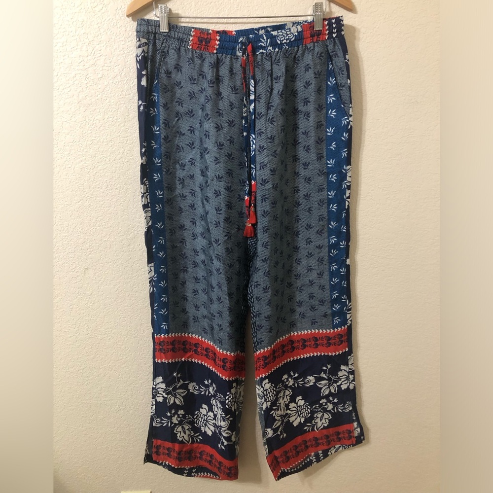 Johnny Was Navy and Red Printed Drawstring Trousers